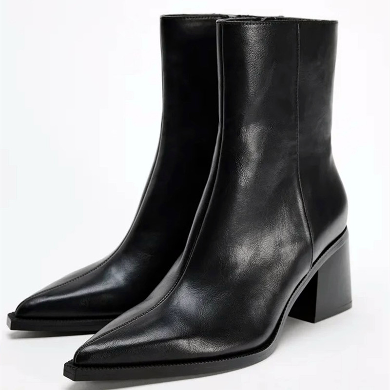 Chelsea Boots Suede - รองเท้าบูทเชลซีส้นหนาหนังนิ่มสำหรับผู้หญิง ดีไซน์หัวแหลมแบบเซ็กซี่ พร้อมซิปด้านข้าง รองเท้าบูทข้อเท้าสำหรับสุภาพสตรี รองเท้าผู้หญิงที่ใส่สบาย