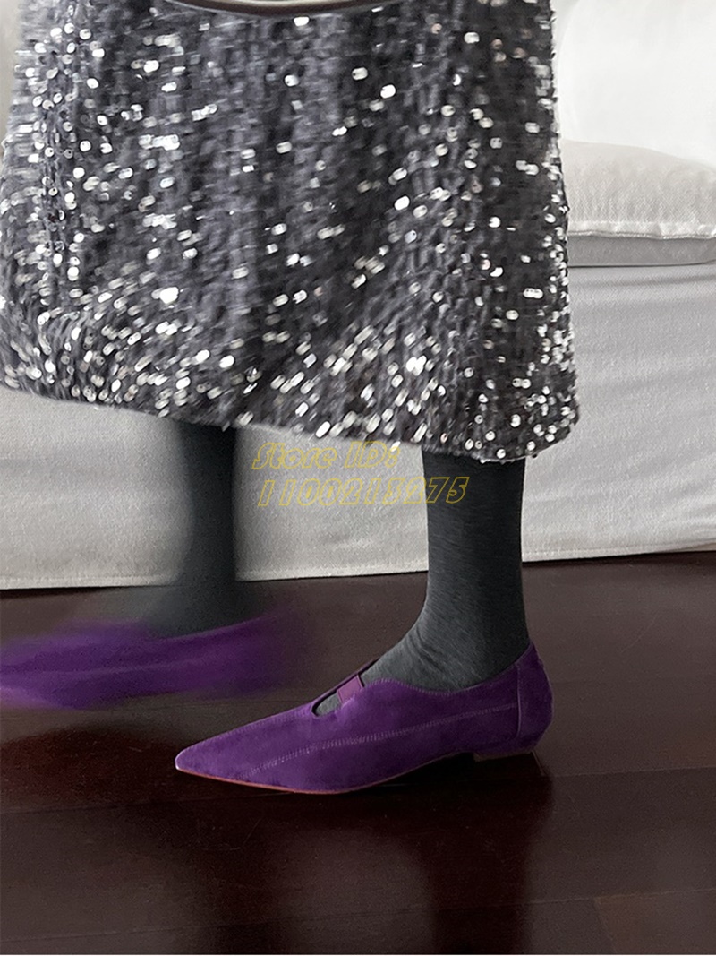 Dress Shoe Pointed - รองเท้าส้นแบนหัวแหลมสีม่วงหนังกลับแบบสวม งานแฮนด์เมด ภาพจริง สำหรับสุภาพสตรี ฤดูใบไม้ร่วง ฤดูหนาว