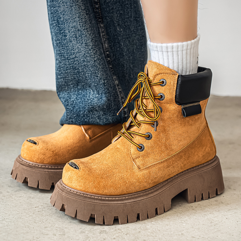 Men'S Shoes No Laces - รองเท้าบูทหุ้มข้อสูงแบบคลาสสิก รองเท้าบูทหนังลำลองสำหรับผู้ชาย รองเท้าบูททำงานแบบมีพื้นหนา รองเท้าบูทหัวกว้าง รองเท้าบูทขี่มอเตอร์ไซค์ รองเท้าผ้าใบ