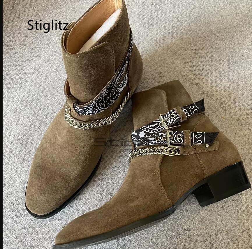 Men Shoes Size 11 - รองเท้าบูทเชลซีผู้ชายหนังกลับเทียม สไตล์อังกฤษ หัวเข็มขัดโลหะ หนังแท้ รองเท้าบูทหุ้มข้อ ทันสมัย