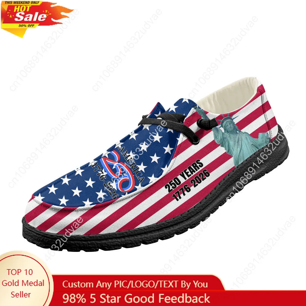 Men'S Shoes No Laces - อเมริกาครบรอบ 250 ปี 1776-2026 รองเท้าโลฟเฟอร์ผู้ชายผู้หญิงรองเท้าลำลองทนทานน้ำหนักเบารองเท้าแบนรองเท้ากลางแจ้งรองเท้าสั่งทำสีดำ
