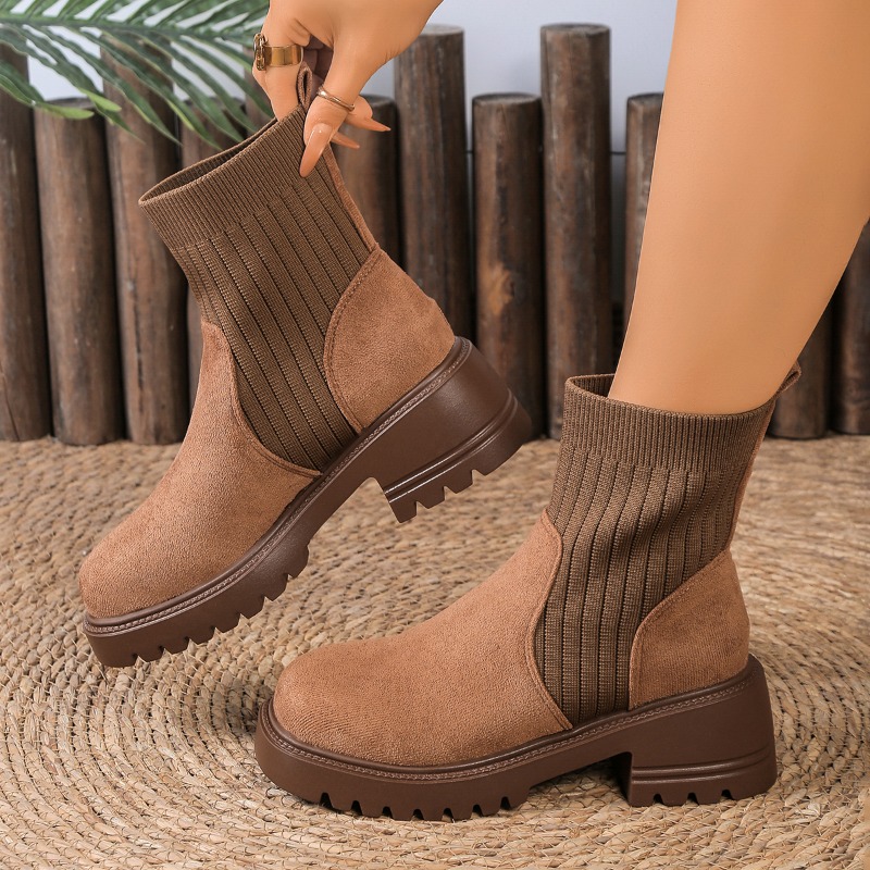Chelsea Boots Suede - รองเท้าบูทเชลซีแฟชั่นผู้หญิงฤดูใบไม้ร่วงฤดูหนาว 2025 ส้นกลาง รองเท้าพื้นหนา รองเท้าบูทข้อเท้าทรงกลมถักนิตติ้งเซ็กซี่สำหรับสุภาพสตรี